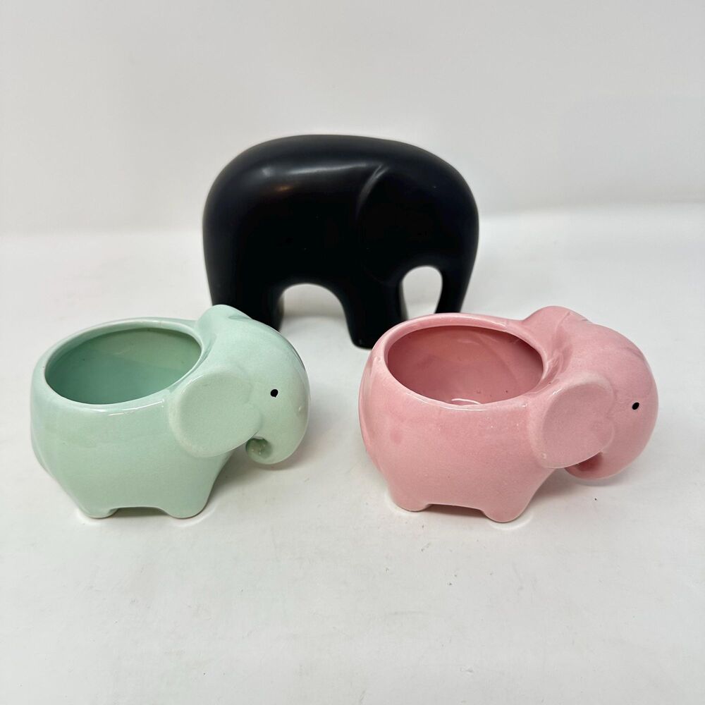 Vintage Ceramic Elephant Planter Set Pastel Mint Pink Black Succulent Pots Decor